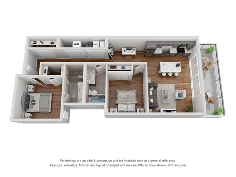 A 3D floor plan of a house with a kitchen, living room, and two bedrooms.
